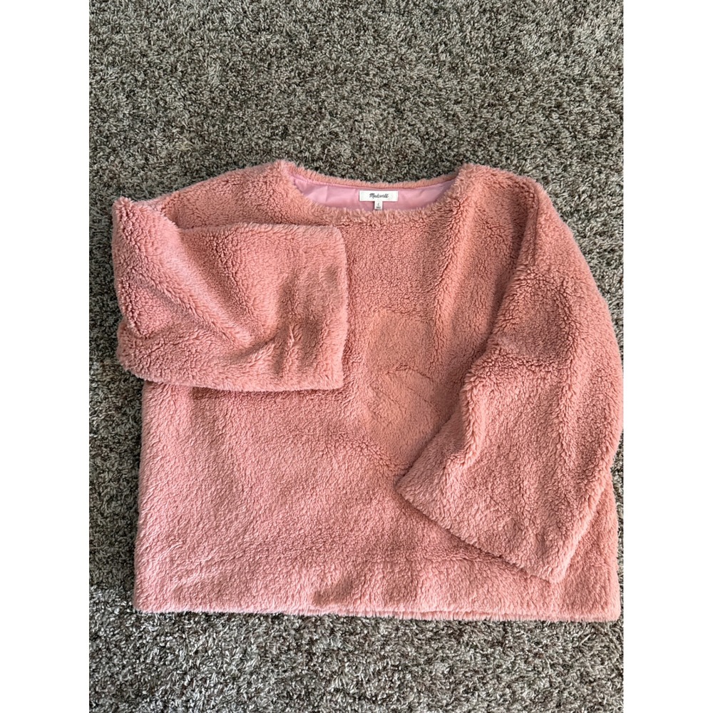 Madewell Womens Pink Sherpa Fleece Pullover Crewneck Wide Sleeve Cozy Teddy Fall